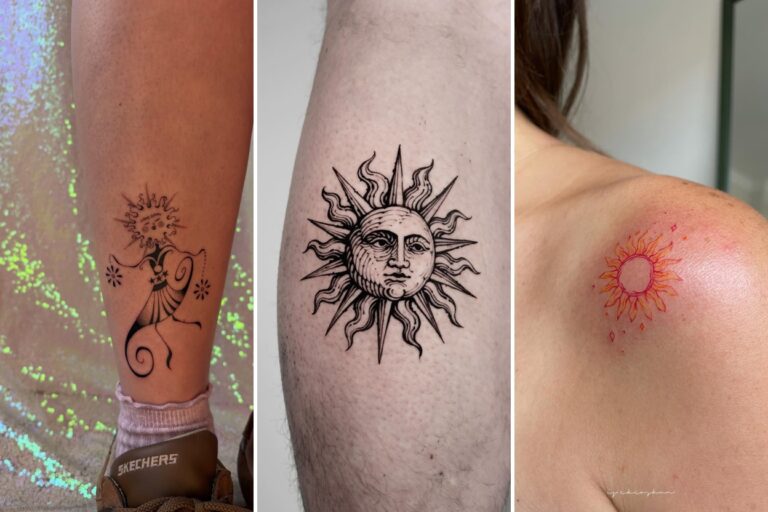 Aesthetic sun tattoos ideas and delicate ink ideas collage