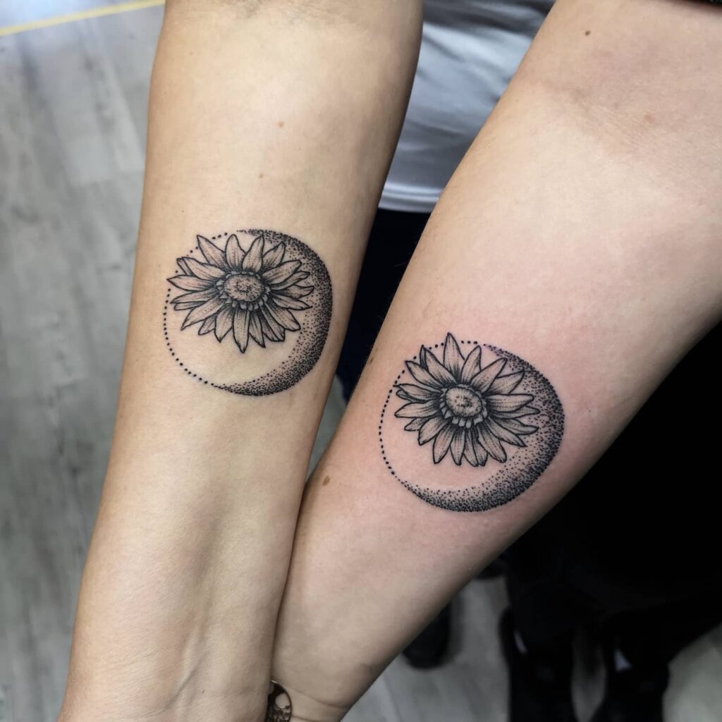 Sunflower and Crescent Moon Mother-Daughter Tattoo mother and daughter tattoo ideas tattoo
