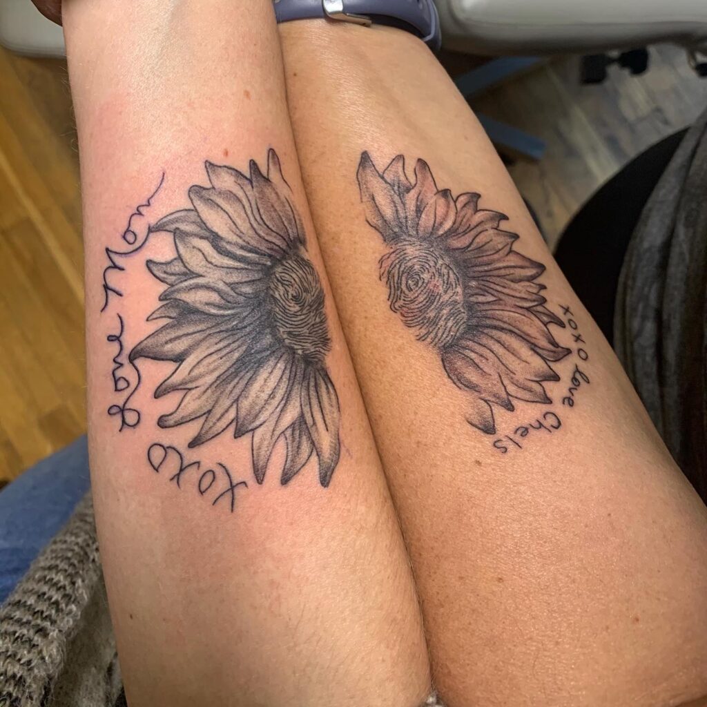Sunflower and Fingerprint Mother-Daughter Tattoo mother and daughter tattoo ideas tattoo