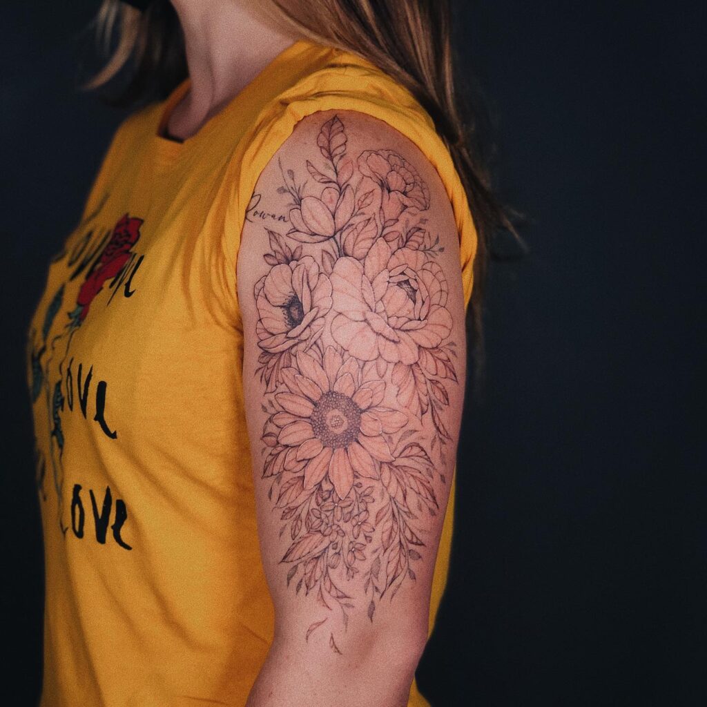 Colorful Floral Half Sleeve Tattoo With Succulents