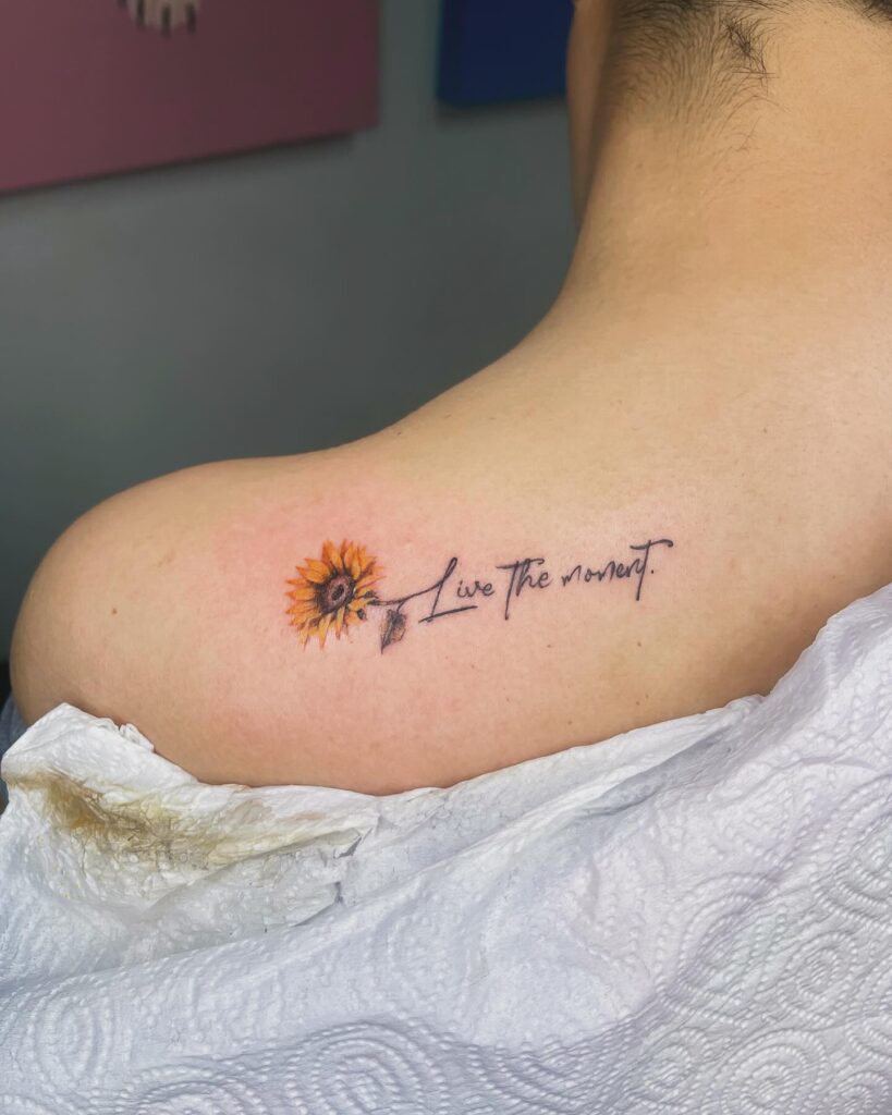 Sunflower and Script Shoulder Tattoo sunflower tattoos tattoo