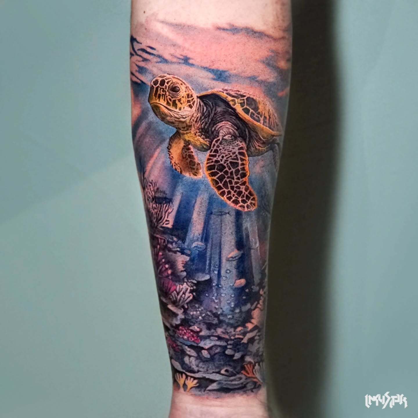 Sunlit Sea Turtle in Tropical Shallows sea turtle tattoo