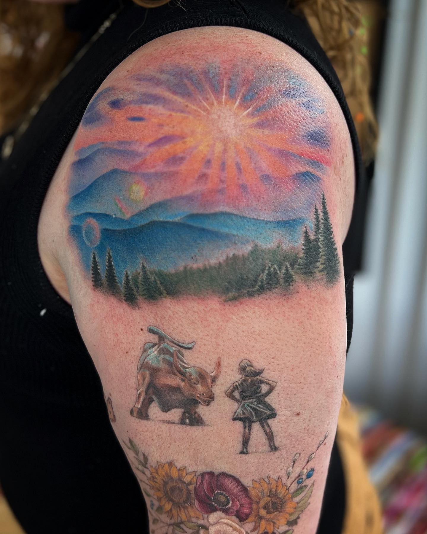 Sunflower Rose And Compass Shoulder Cap Tattoo