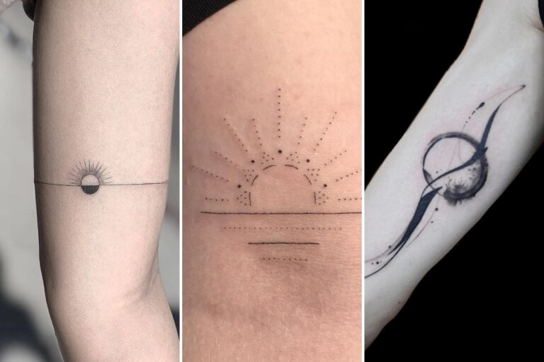 Aesthetic sunrise tattoos and delicate ink ideas collage