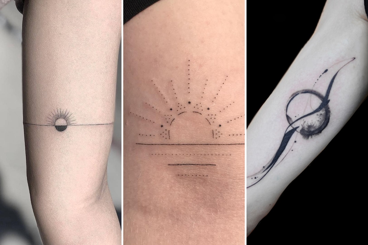 Aesthetic sunrise tattoos and delicate ink ideas collage