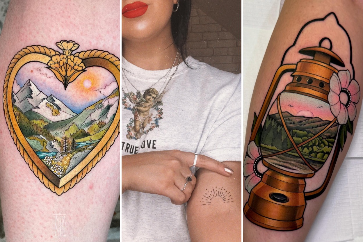 Aesthetic sunrise tattoos and delicate ink ideas collage