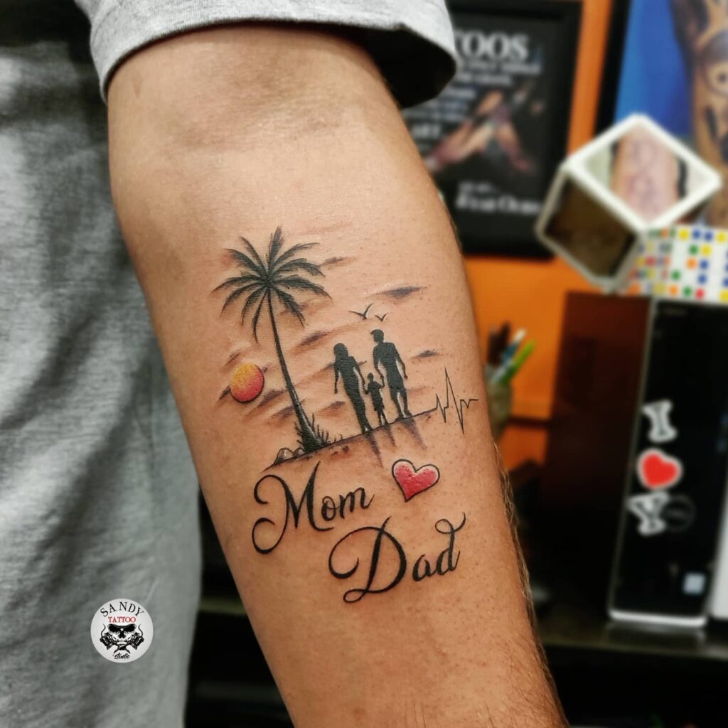 Sunset Beach Mom Dad Tattoo with Family Silhouette mom dad tattoos tattoo