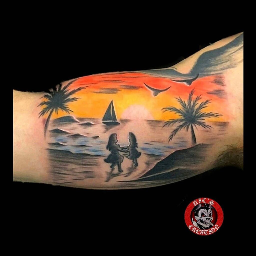 Sunset Beach Scene with Children grandchildren tattoos for grandparents tattoo