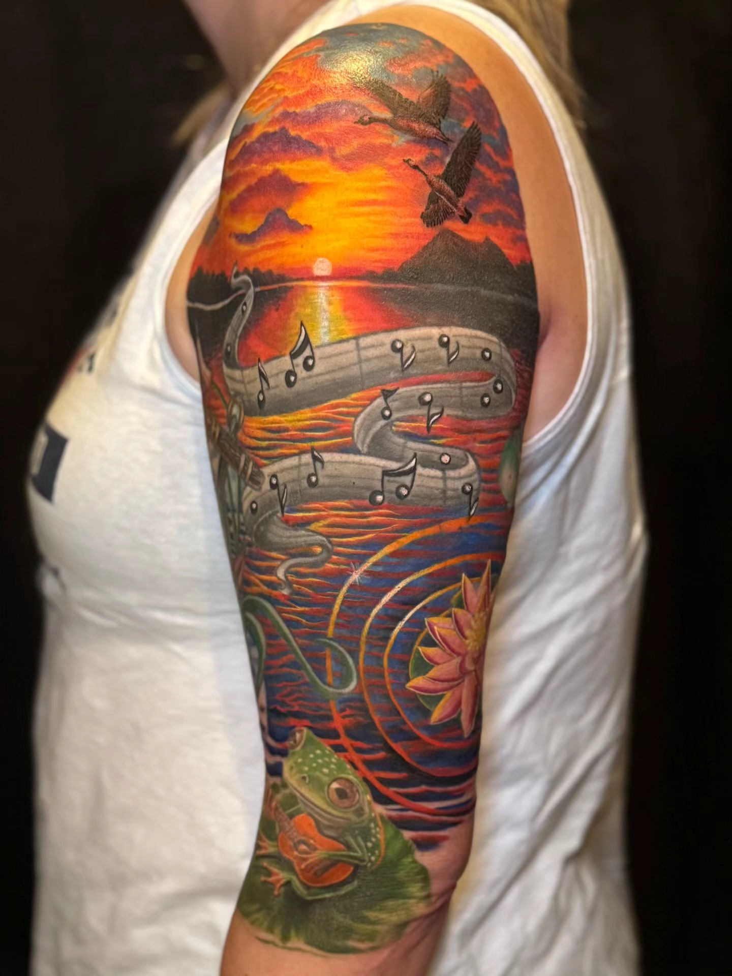 Sunset Music and Frog Sleeve Tattoo