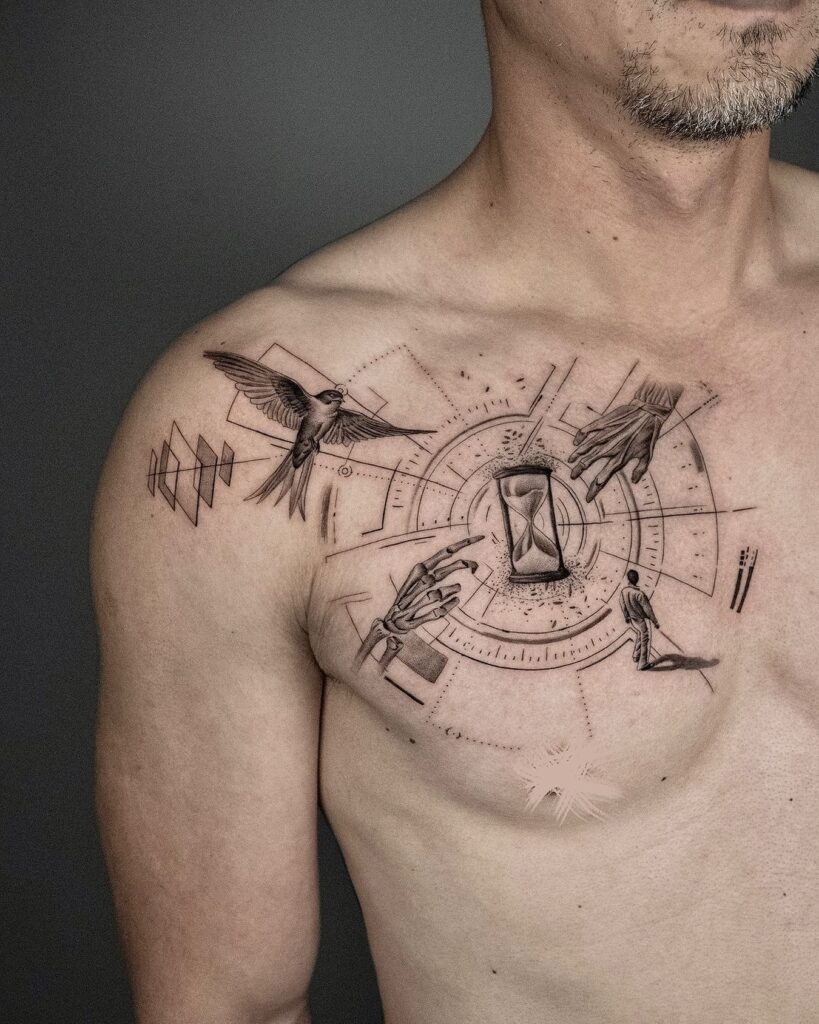 Surreal Hourglass and Time-Themed Chest Tattoo hourglass tattoo ideas tattoo