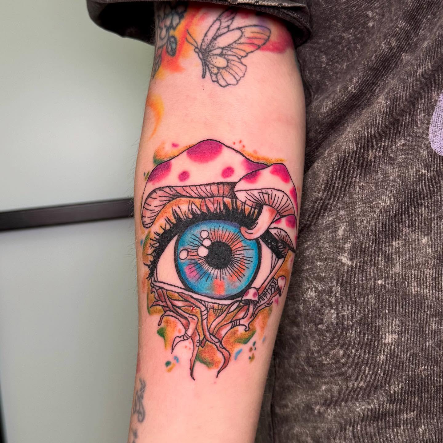 Moonlit Mushroom Tattoo with Bats and Wild Plants mushroom tattoo ideas tattoo