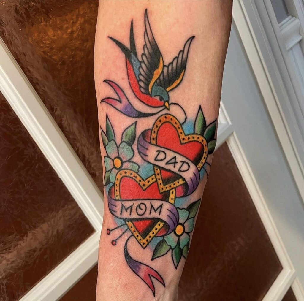 Swallow and Twin Heart Mom Dad Tattoo mom dad tattoos tattoo