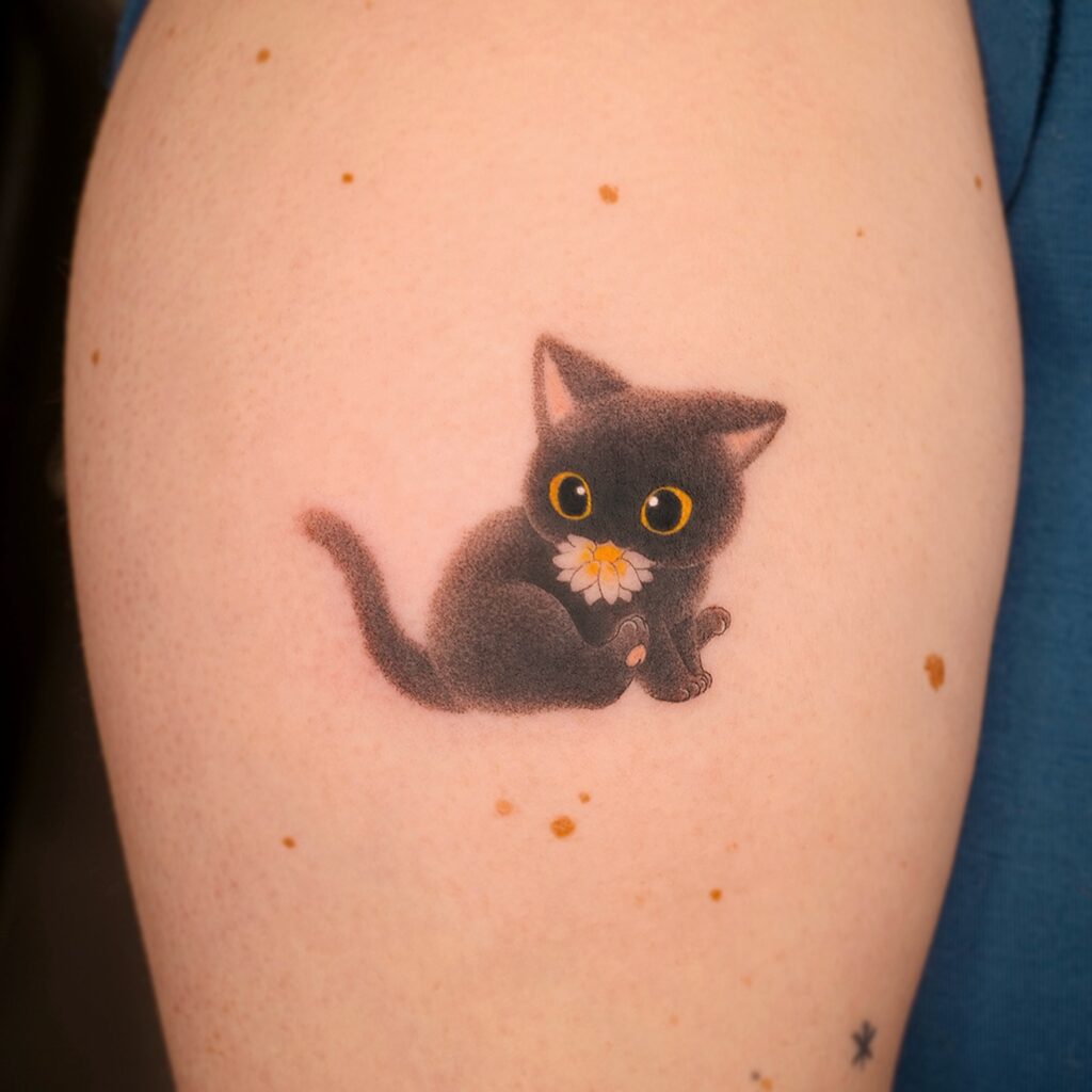 Sweet Black Kitten with Daisy Tattoo small cat tattoos tattoo
