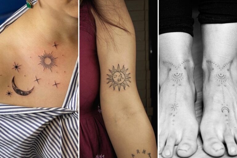 Aesthetic symbolic sun and moon tattoo ideas and delicate ink ideas collage