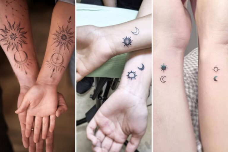 Aesthetic symbolic sun and moon tattoo ideas and delicate ink ideas collage