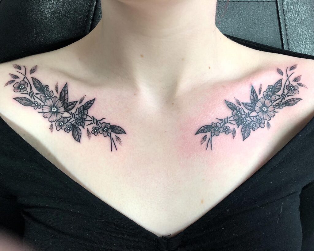 Dainty Strawberry Branch Collarbone Tattoo