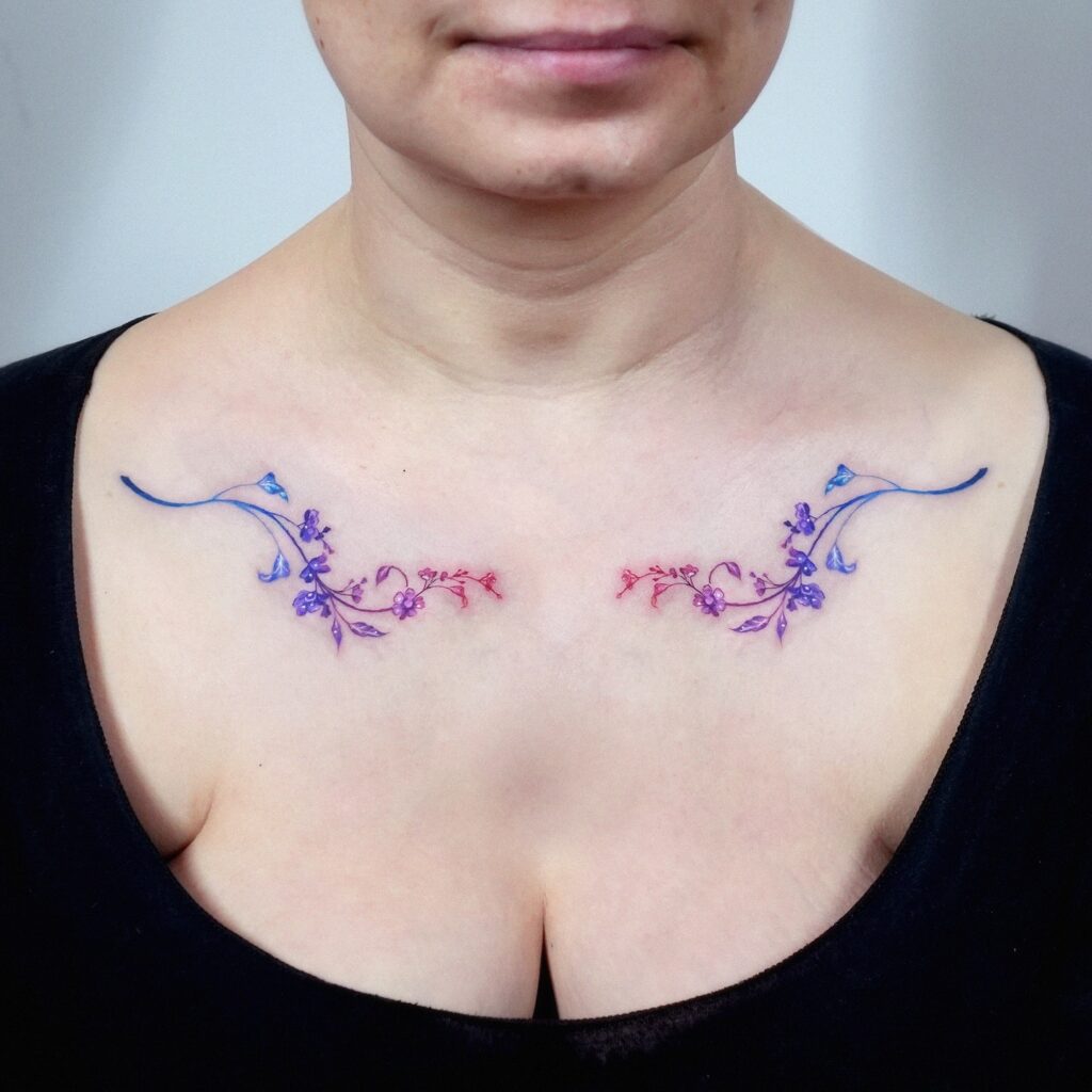 Rose And Script Collarbone Tattoo