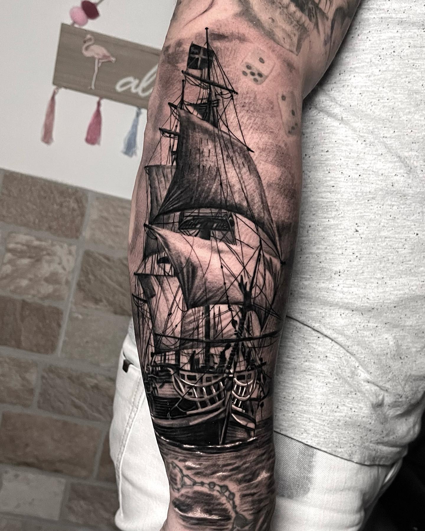 Nautical Ship And Sea Creature Tattoo