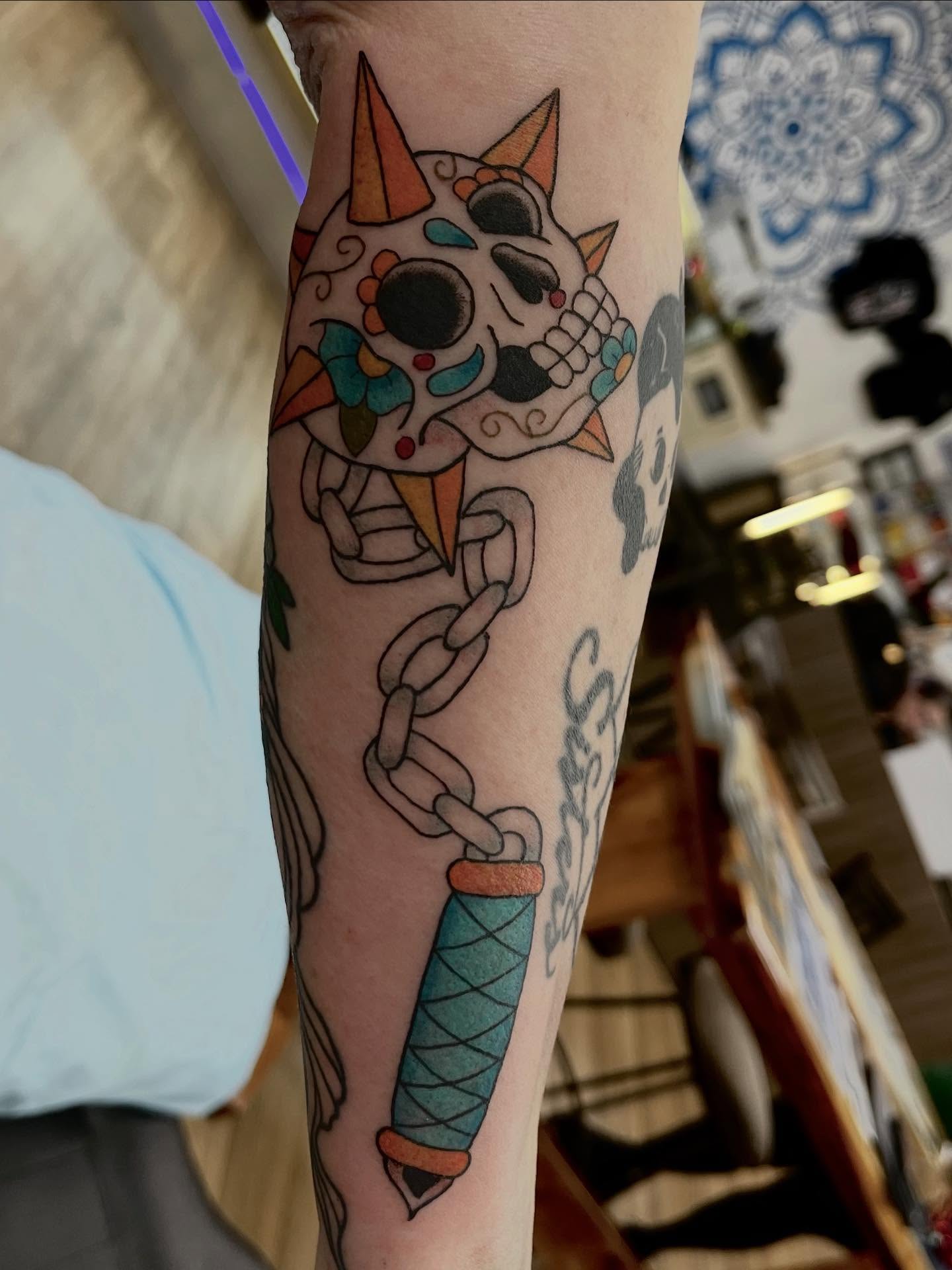Sugar Skull And Chain Gap Filler Tattoo