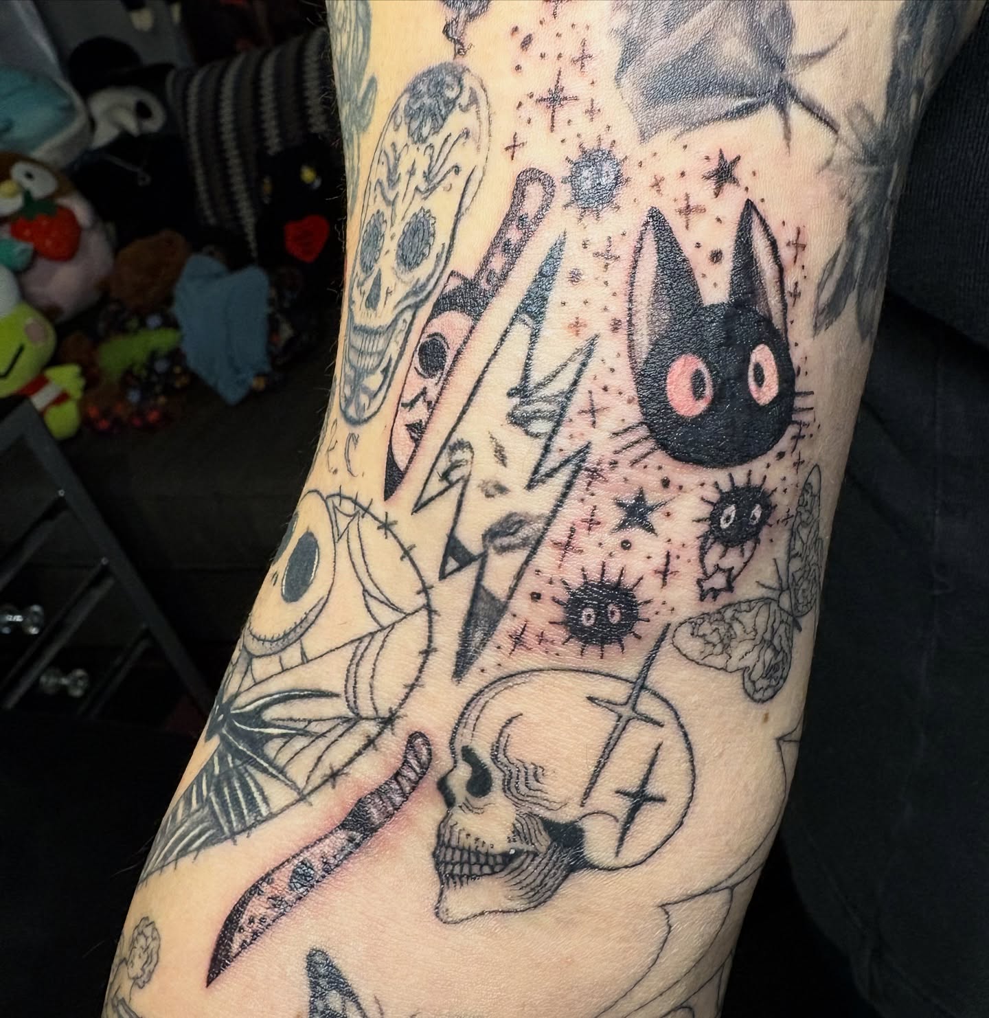 Whimsical Cat And Skull Gap Filler Tattoo