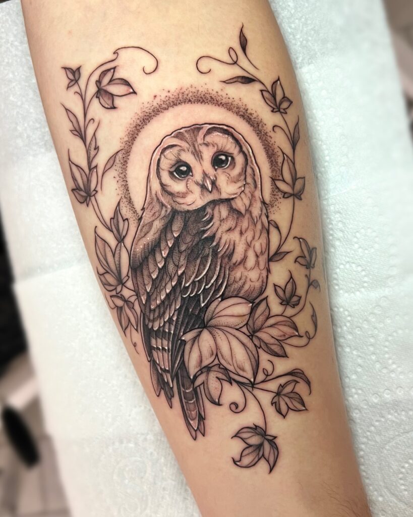 Tawny Owl and Ivy Forearm Tattoo bird tattoo ideas for women with meaning tattoo
