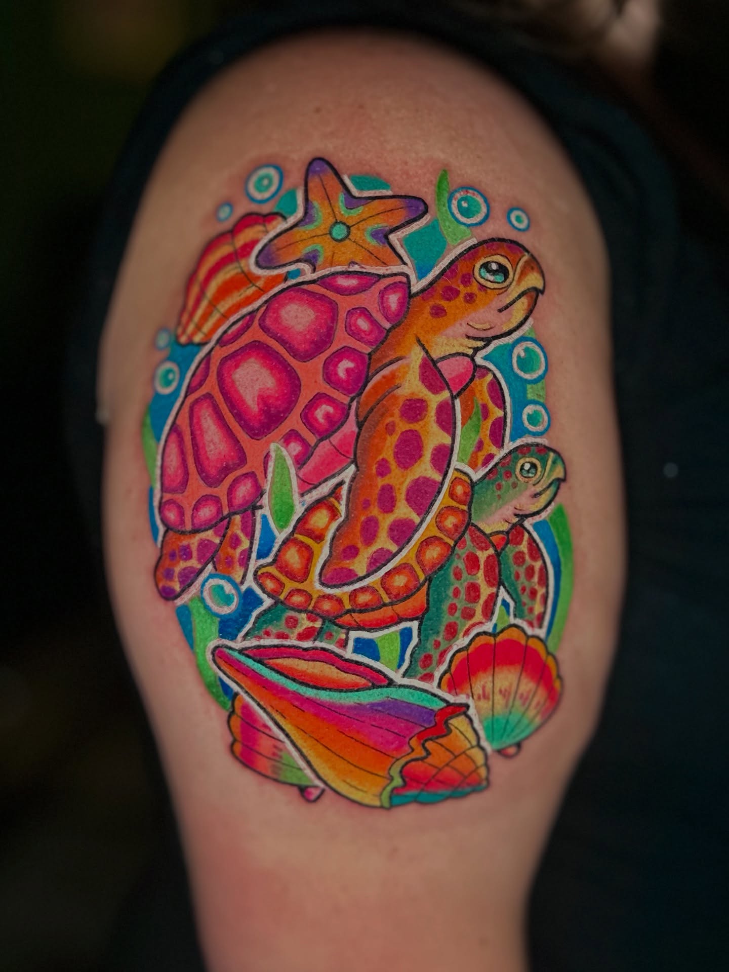 Technicolor Sea Turtle on Coral Dropoff ocean tattoo