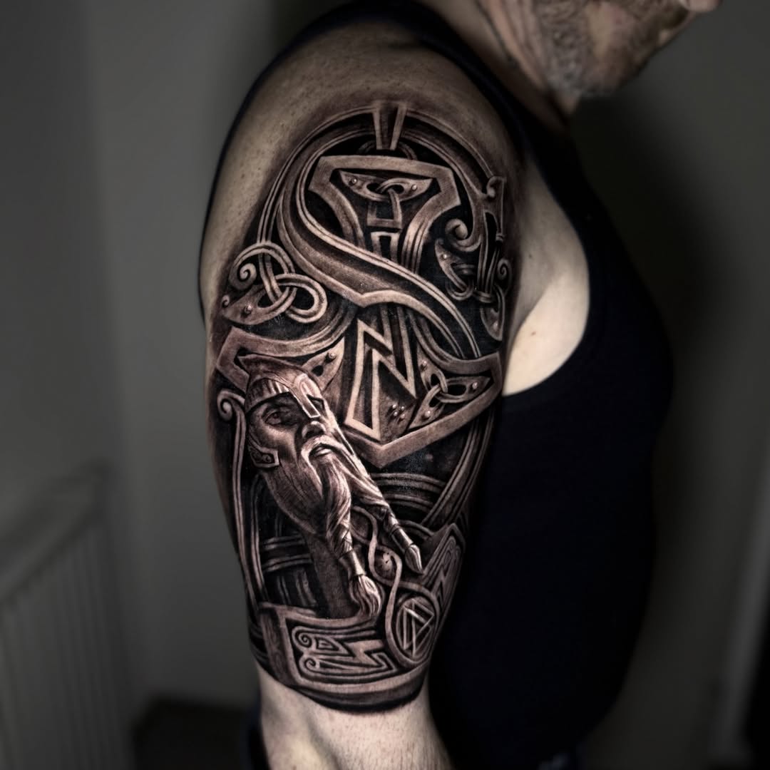 Vegvisir And Geometric Bind Rune Tattoo