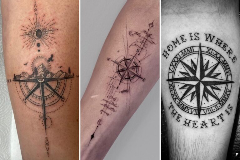 Aesthetic timeless compass tattoo designs and delicate ink ideas collage