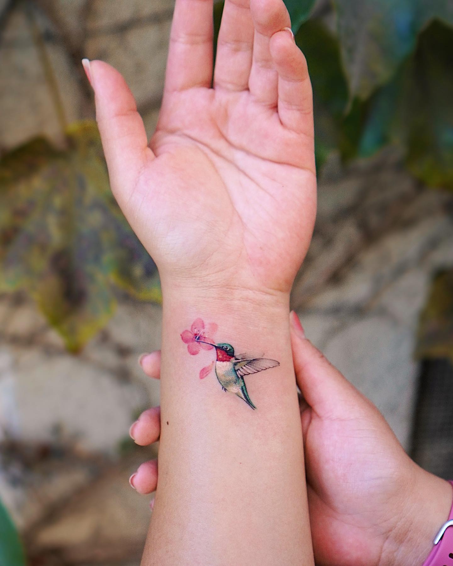 Tiny Hummingbird with Pink Blossom Tattoo hummingbird tattoos ideas tattoo