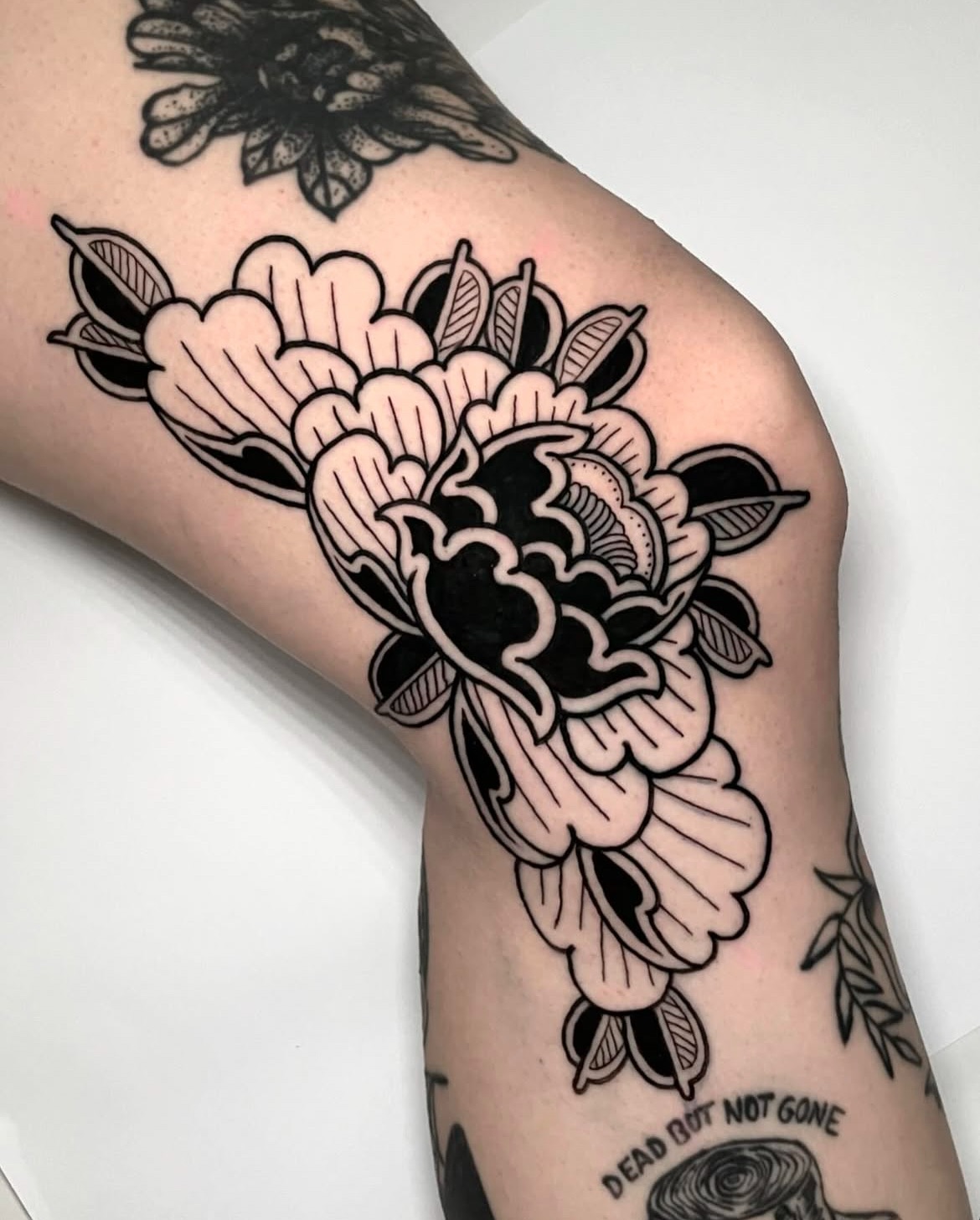 Traditional Blackwork Peony Knee Tattoo peony tattoos ideas tattoo