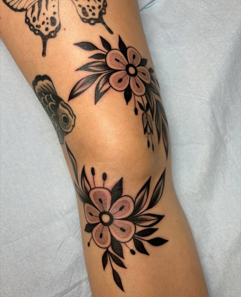Mushroom Wreath Knee Frame Tattoo