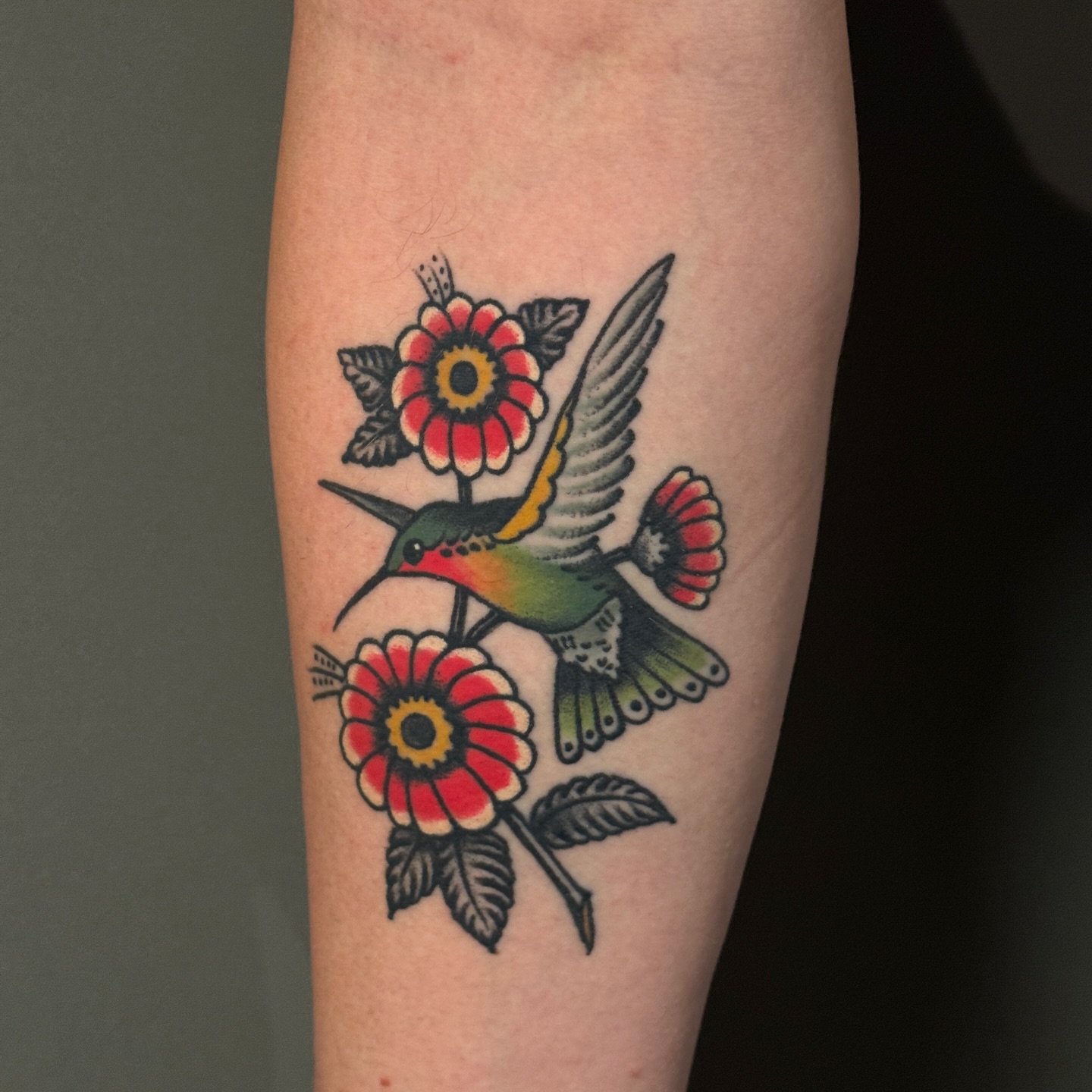 Traditional Hummingbird and Red Flowers Tattoo hummingbird tattoos ideas tattoo