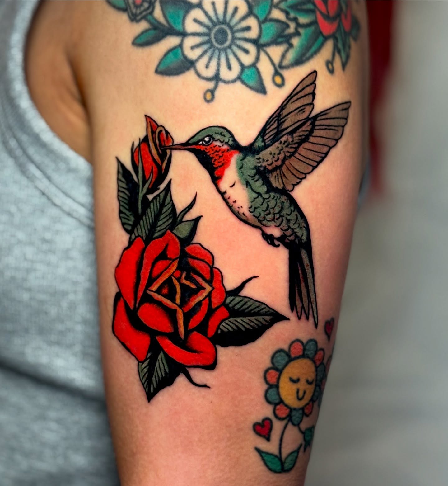 Traditional Hummingbird and Red Rose Tattoo hummingbird tattoos ideas tattoo