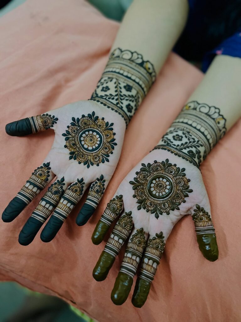 Traditional mandala palm henna tattoo designs with concentric circular lotus petals