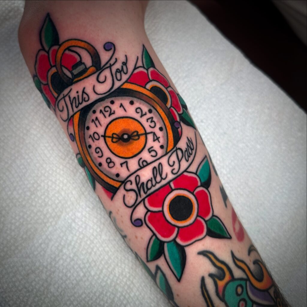 Pocket Watch and Roses Tattoo with Name Detail pocket watch tattoos tattoo
