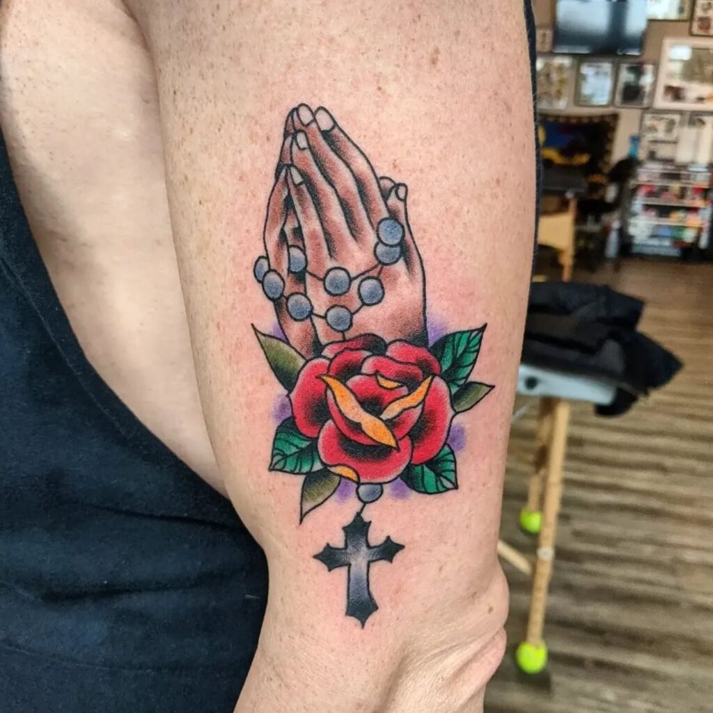 Traditional Praying Hands with Rosary and Rose Tattoo praying hands tattoos tattoo