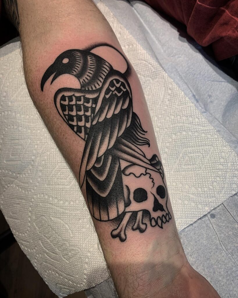 Fierce Raven And Thorned Branch Tattoo