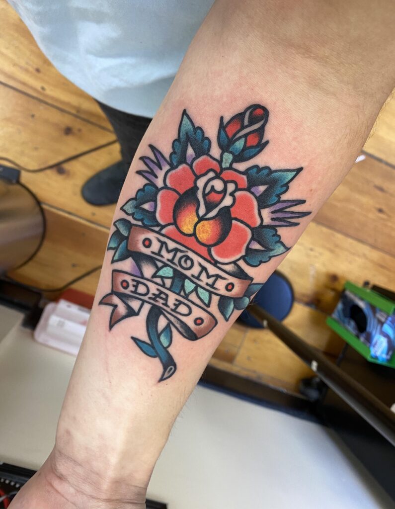 Traditional Rose Mom Dad Tattoo with Banner mom dad tattoos tattoo