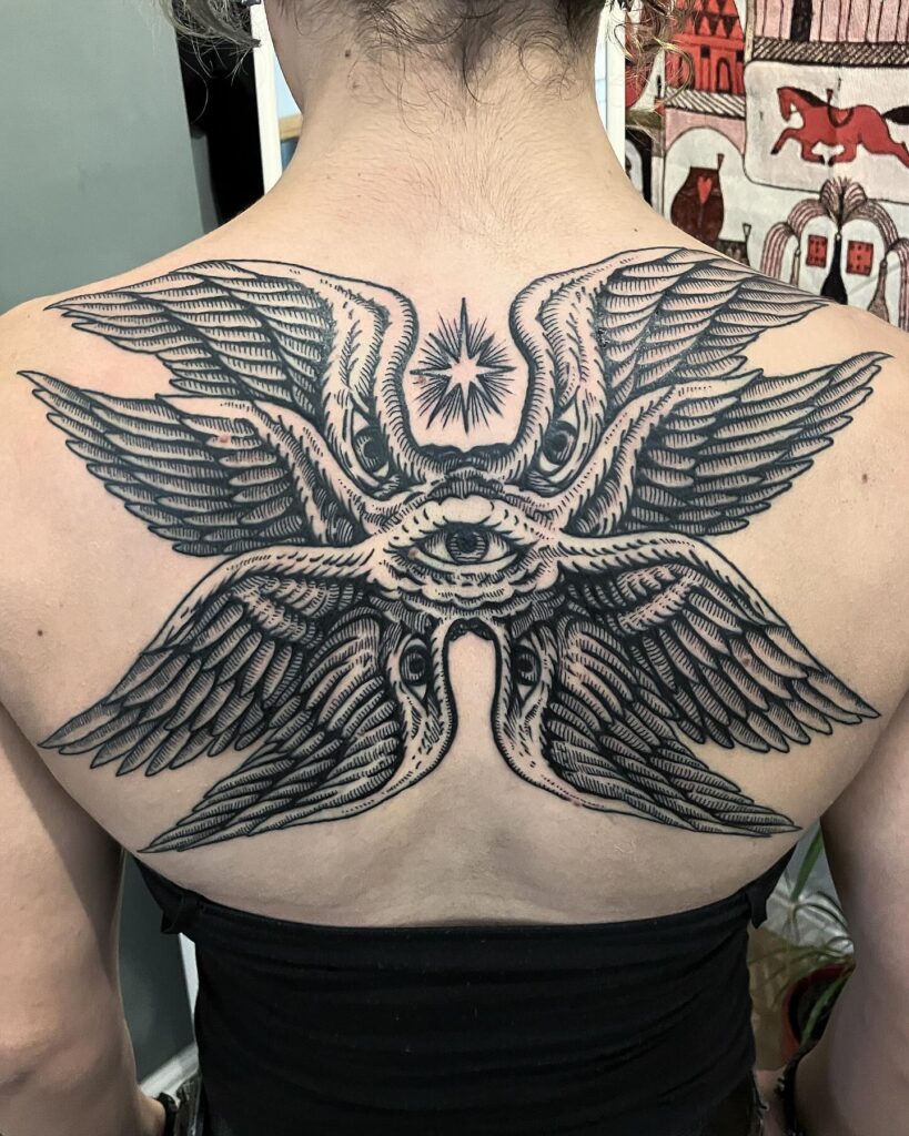 Traditional Seraphim Back Tattoo with Radiant Star seraphim angel tattoo ideas tattoo