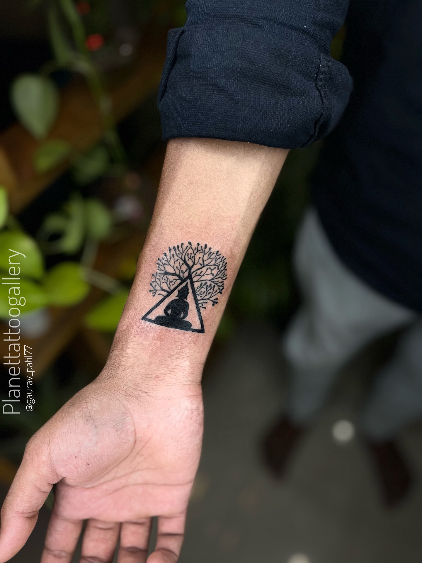 Tree and Wolf Triangle Wrist Tattoo