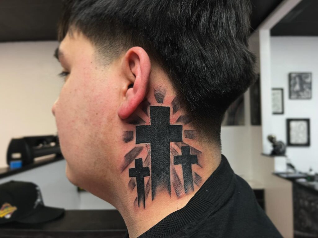 Triple Cross with Radiating Light Neck Tattoo cross tattoos for men tattoo