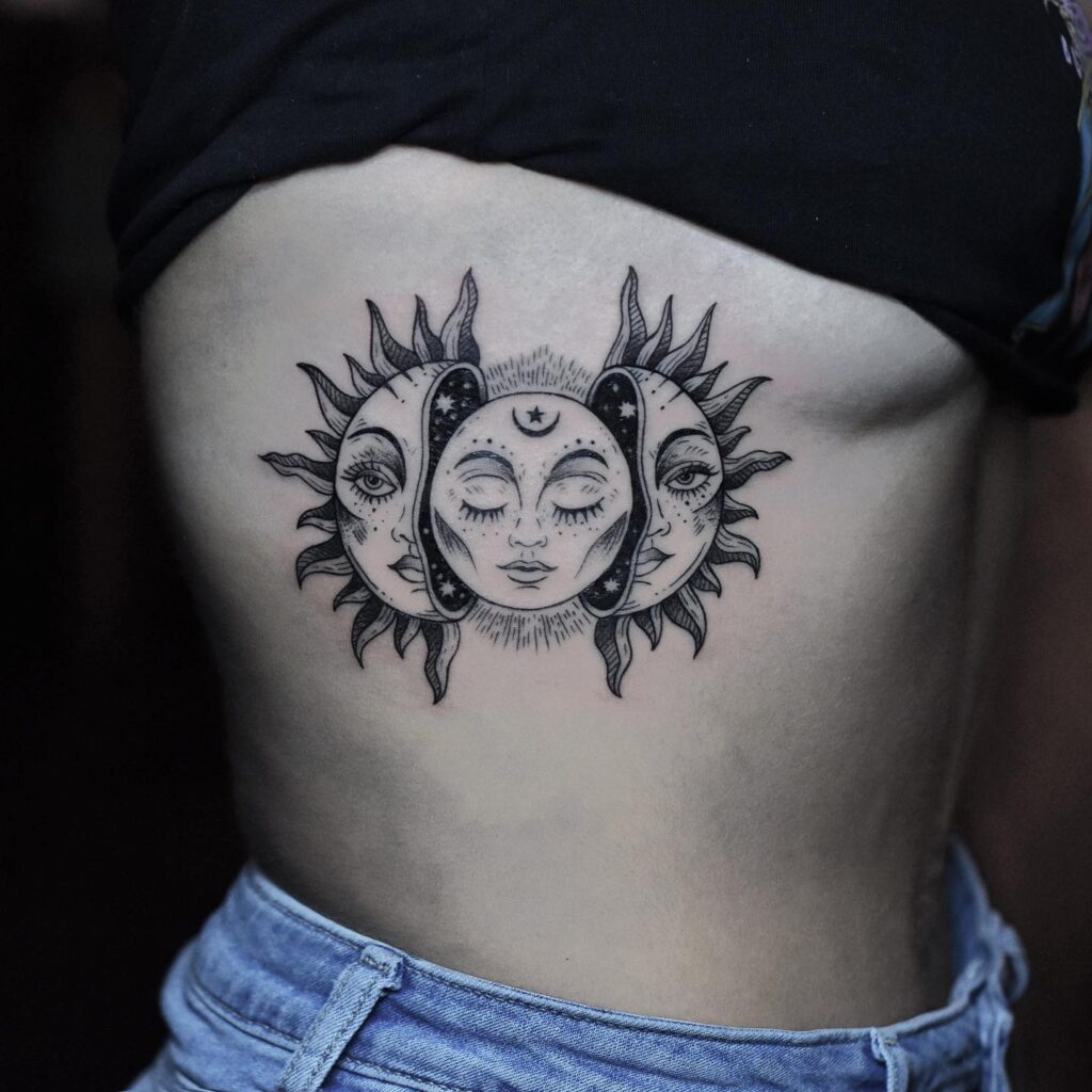 Triple Goddess Sun and Moon Rib Tattoo symbolic sun and moon tattoo ideas tattoo