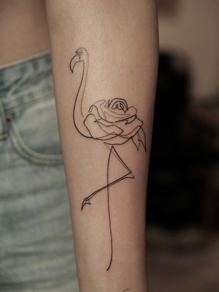 One line flamingo and rose tattoo