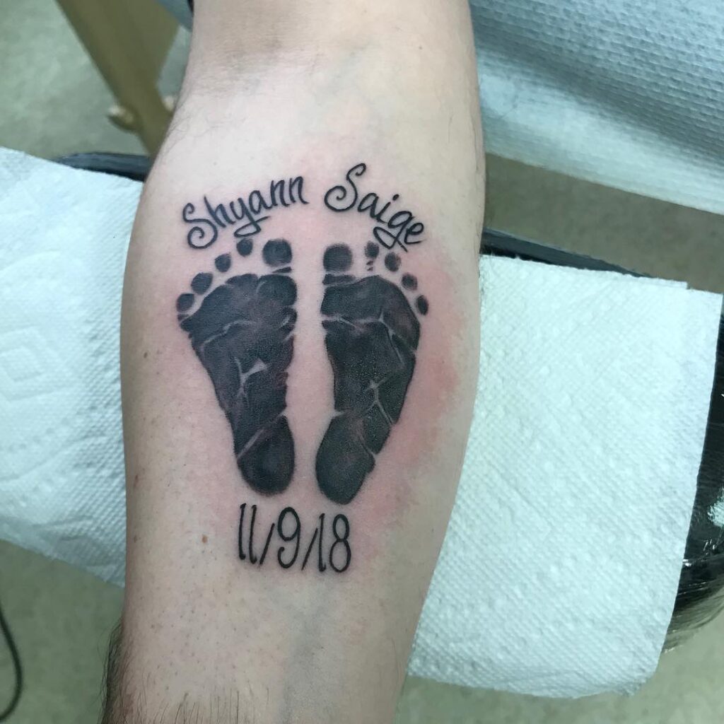 Twin Baby Footprints with Name and Date Tattoo baby feet tattoos tattoo
