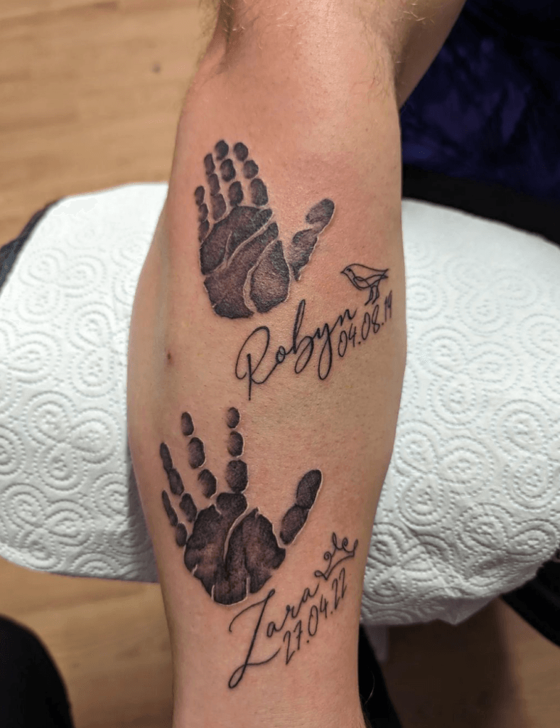 Twin Baby Handprints with Script Names kids name tattoo