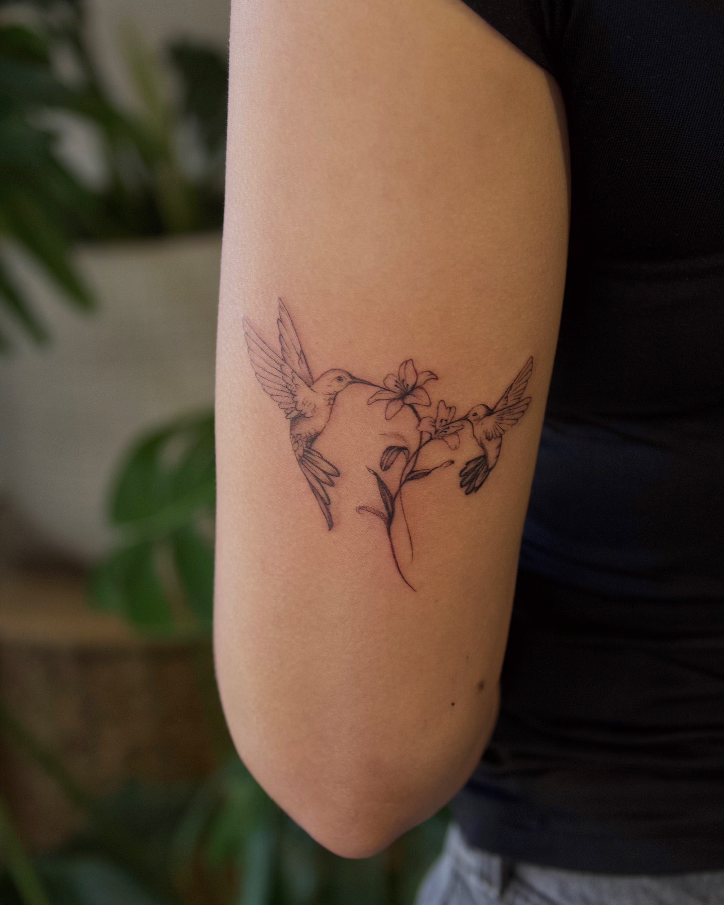 Twin Hummingbirds and Lily Flower Tattoo hummingbird tattoos ideas tattoo