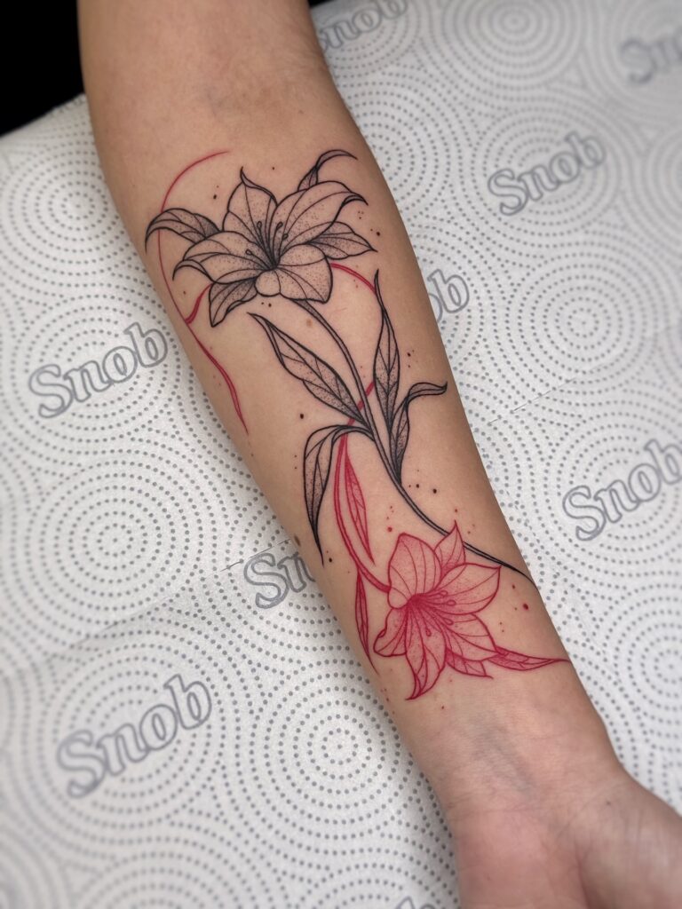 Twin Hummingbirds in Aerial Dance fine line tattoo