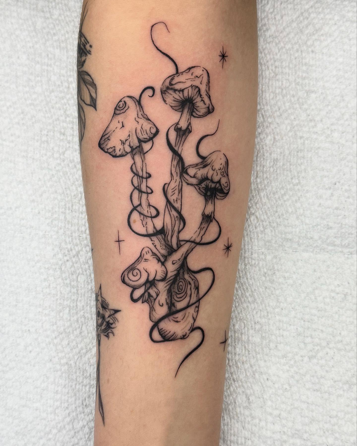 Cute Mushroom Character Tattoo with Flower mushroom tattoo ideas tattoo