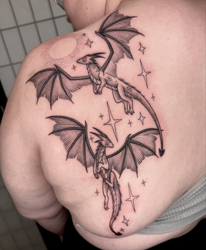 Dragon And Floral Back Tattoo