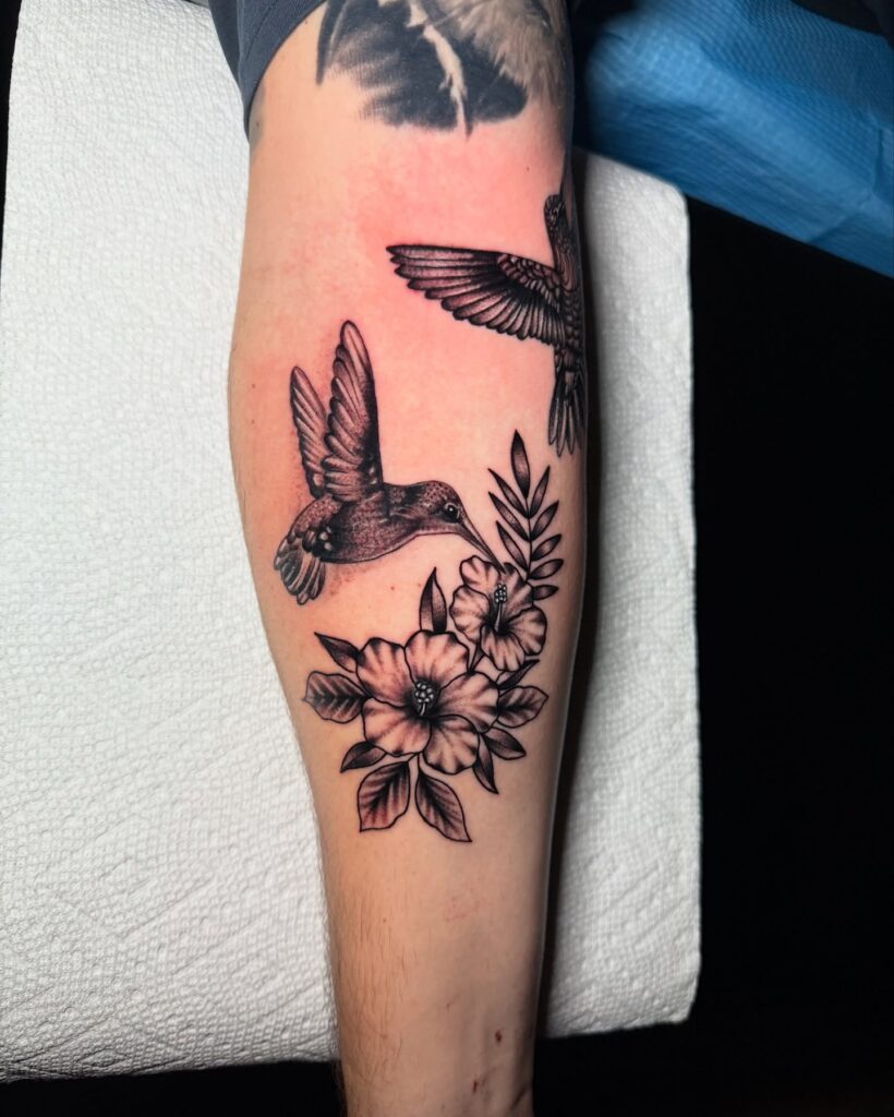 Two Hummingbirds and Hibiscus Tattoo hummingbird tattoos tattoo